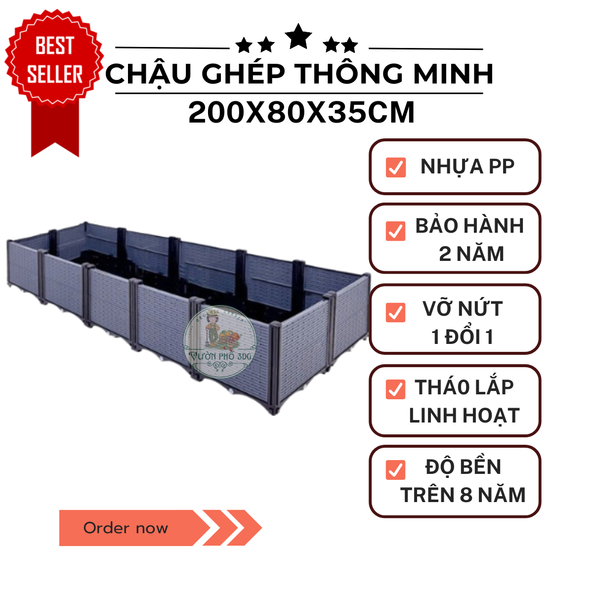 [Mẫu mới] Chậu ghép thông minh Xám Dài 2m rộng 80cm cao 37cm (200x80x37cm) trồng cây, trồng rau. Tặng thêm 2 vách 2 cột chia khoang